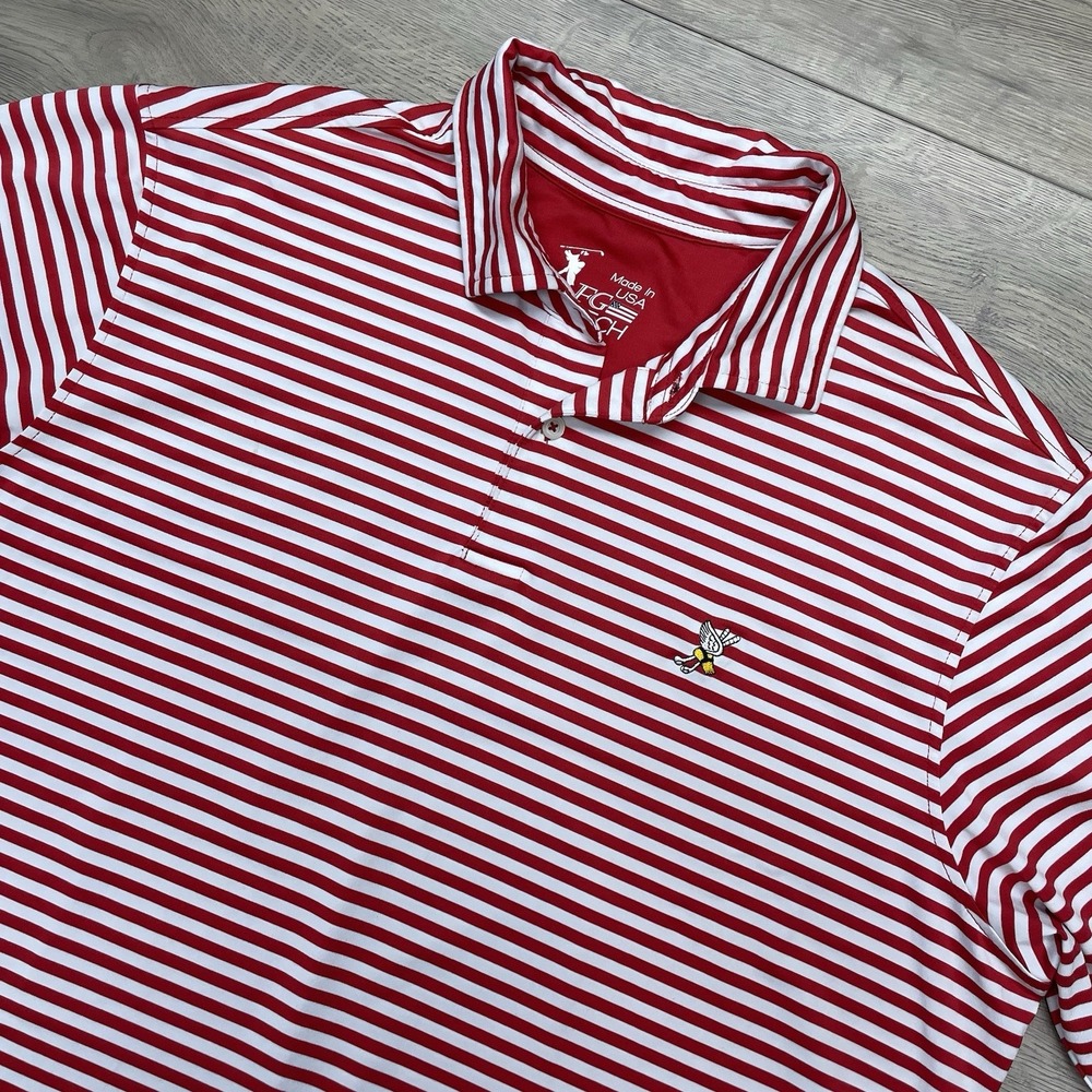 FG Tech Golf Polo Winged Foot Course Logo Men Sz L USA Red Striped READ Preppy